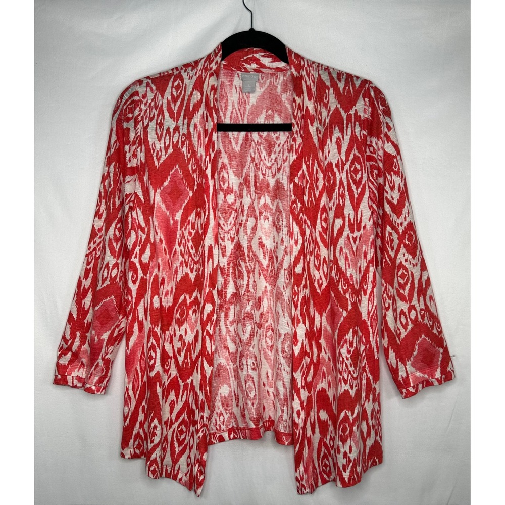 Chico's Red White Ikat Linen Open Front Cardigan Lightweight 3/4 Sleeve Size 2 L